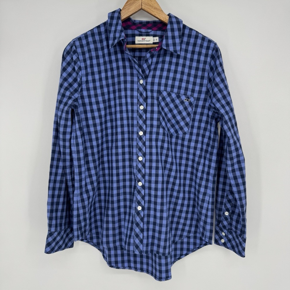 Vineyard Vines‎ Shirt Women's 10 Blue Gingham Check Button Down Cashmere Blend